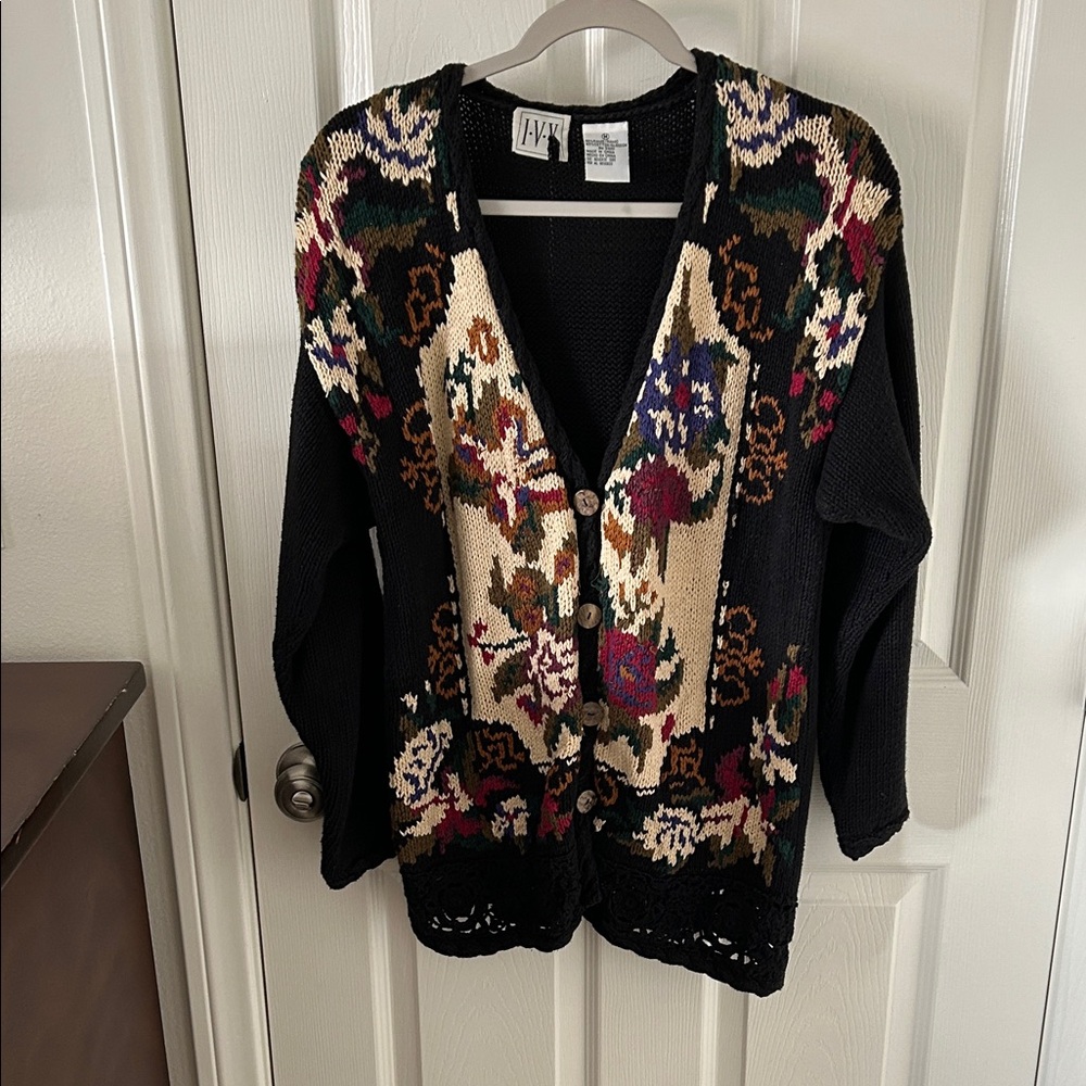 California Ivy Women’s Black Cardigan with Multicolor Floral Design, Size M